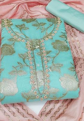 Sea Green Floral Woven Design Poly Blend Kurta Set