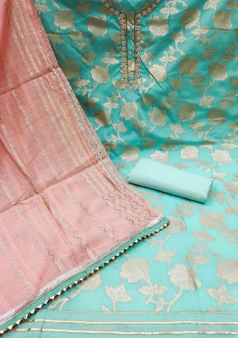 Sea Green Floral Woven Design Poly Blend Kurta Set