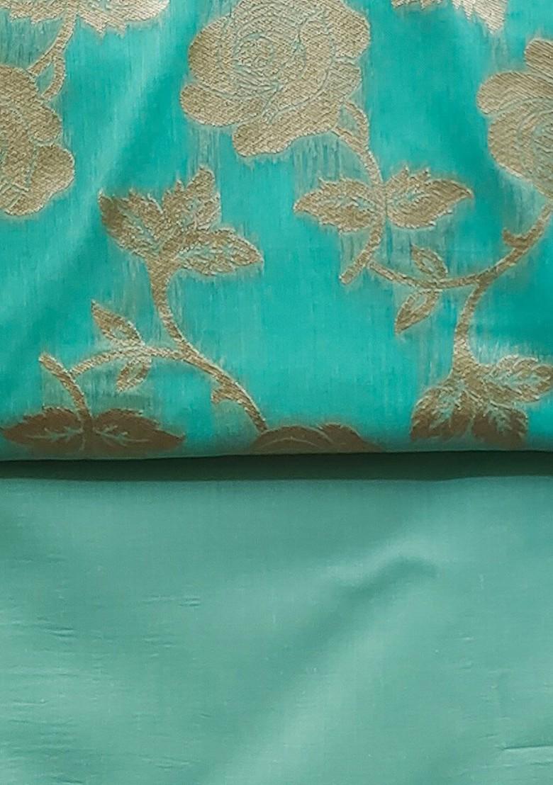 Sea Green Floral Woven Design Poly Blend Kurta Set