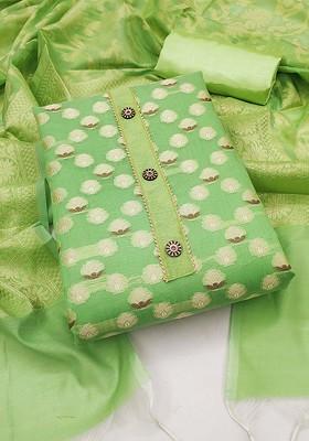 Green Ethnic Motifs Woven Poly Blend Kurta Set