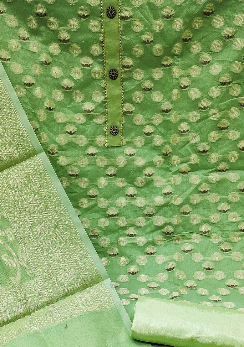 Green Ethnic Motifs Woven Poly Blend Kurta Set