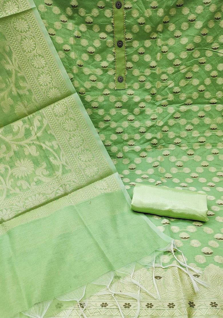 Green Ethnic Motifs Woven Poly Blend Kurta Set