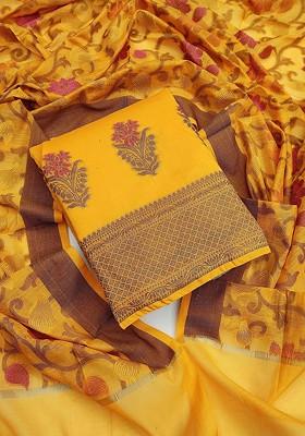 Yellow Floral Woven Design Poly Blend Kurta Set