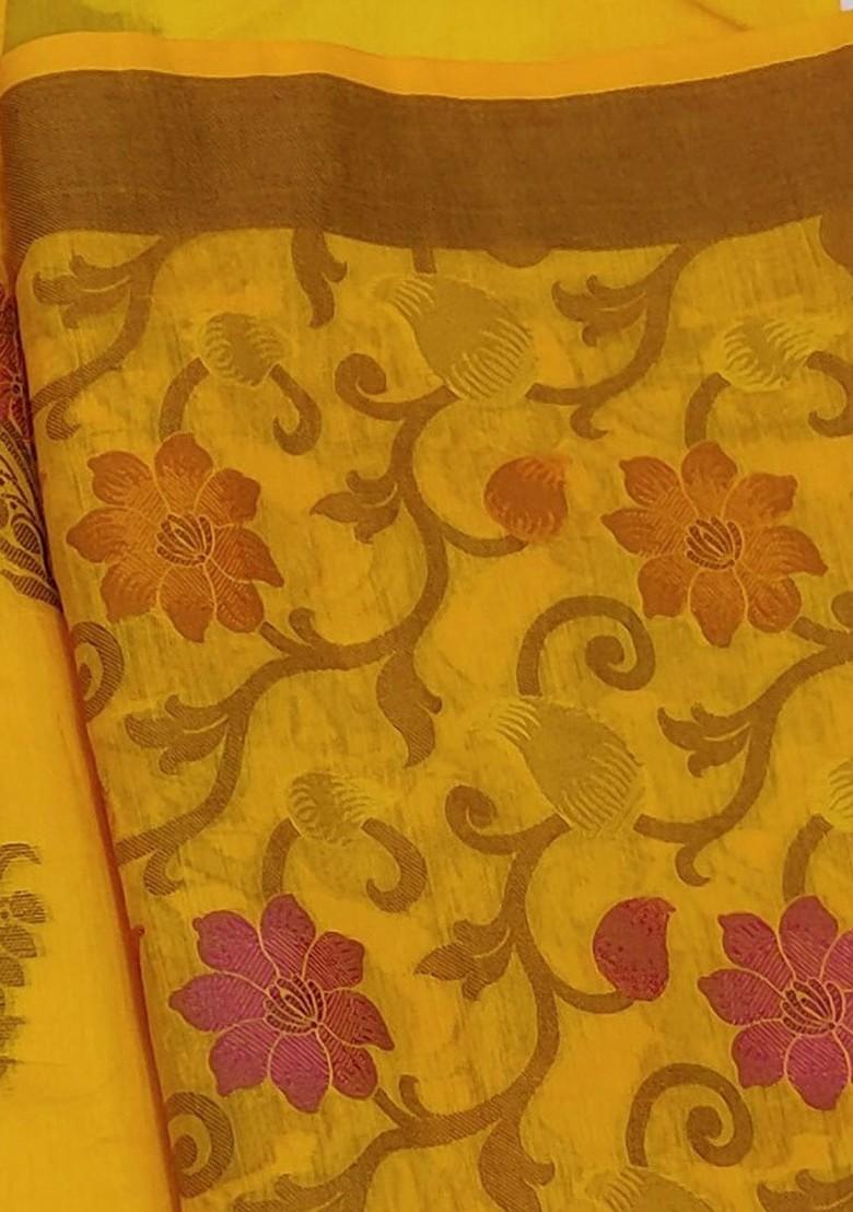 Yellow Floral Woven Design Poly Blend Kurta Set