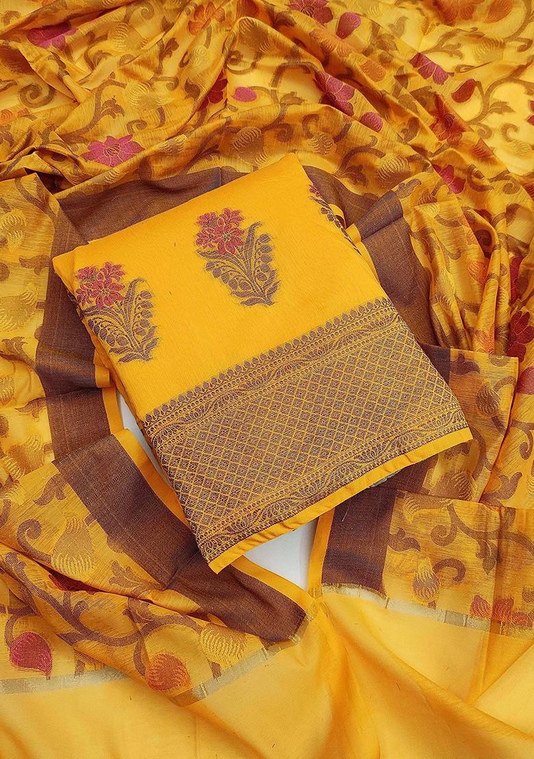 Yellow Floral Woven Design Poly Blend Kurta Set