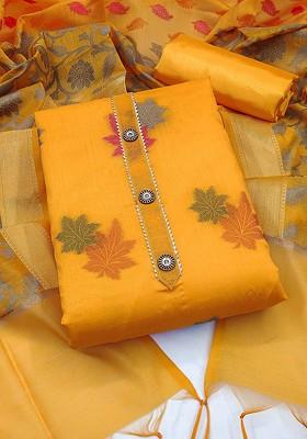 Yellow Floral Woven Design Poly Blend Kurta Set