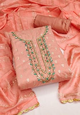 Peach Floral Woven Design Poly Blend Kurta Set