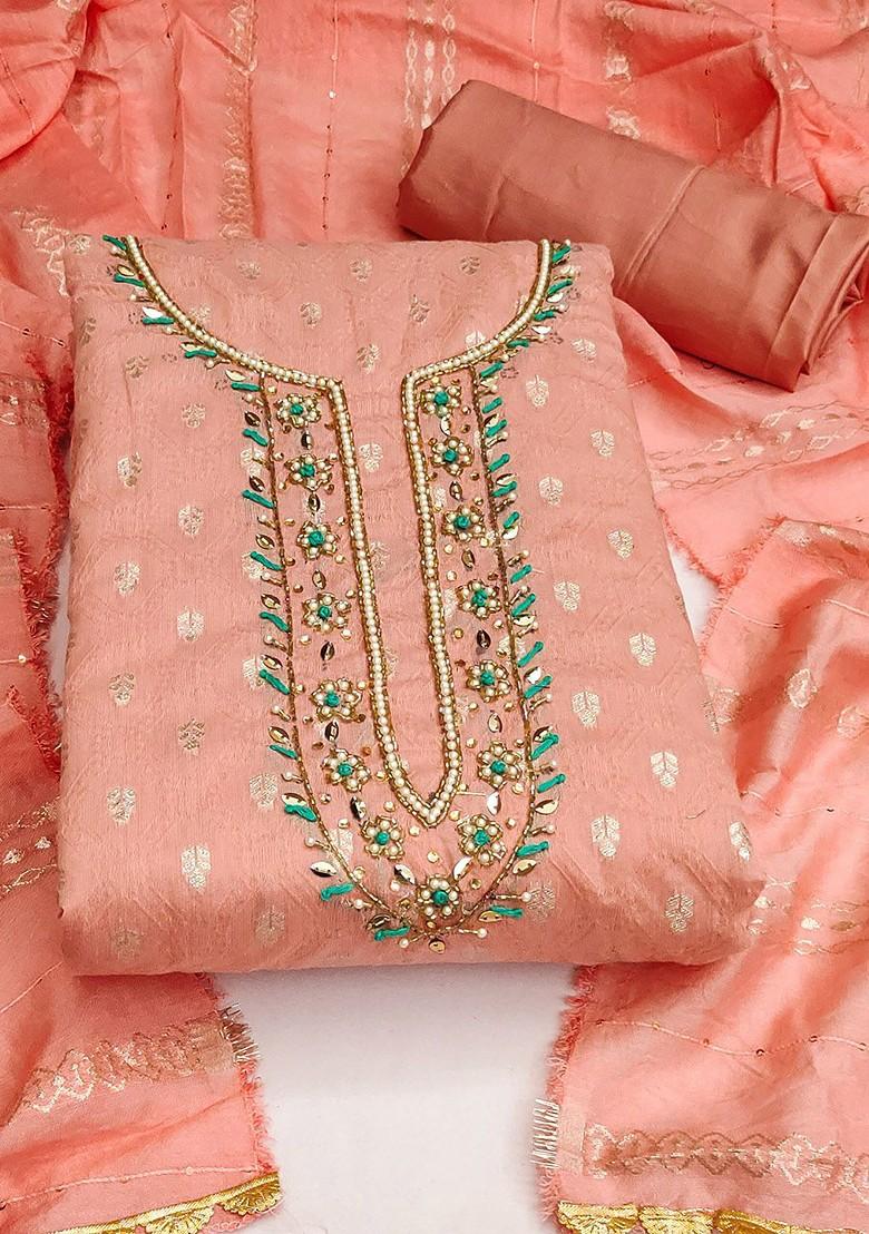 Peach Floral Woven Design Poly Blend Kurta Set