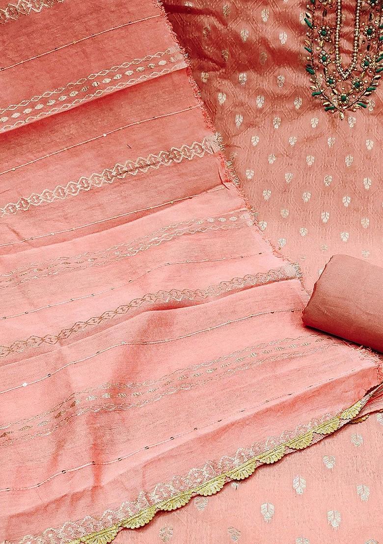 Peach Floral Woven Design Poly Blend Kurta Set