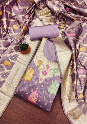 Purple Floral Woven Design Poly Blend Kurta Set
