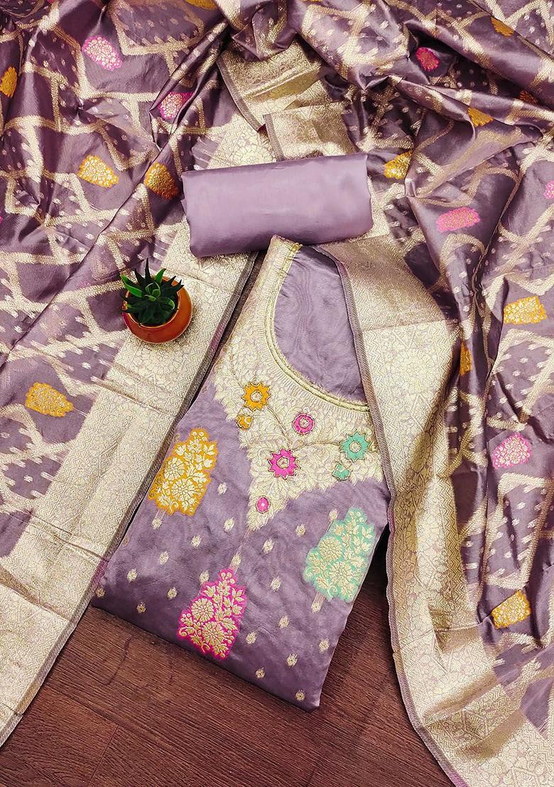 Purple Floral Woven Design Poly Blend Kurta Set