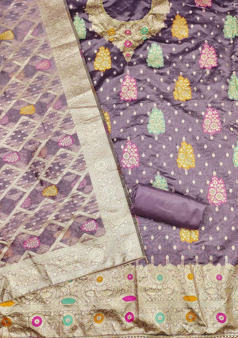 Purple Floral Woven Design Poly Blend Kurta Set