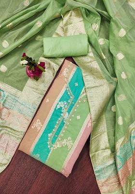 Green Floral Woven Design Poly Blend Kurta Set