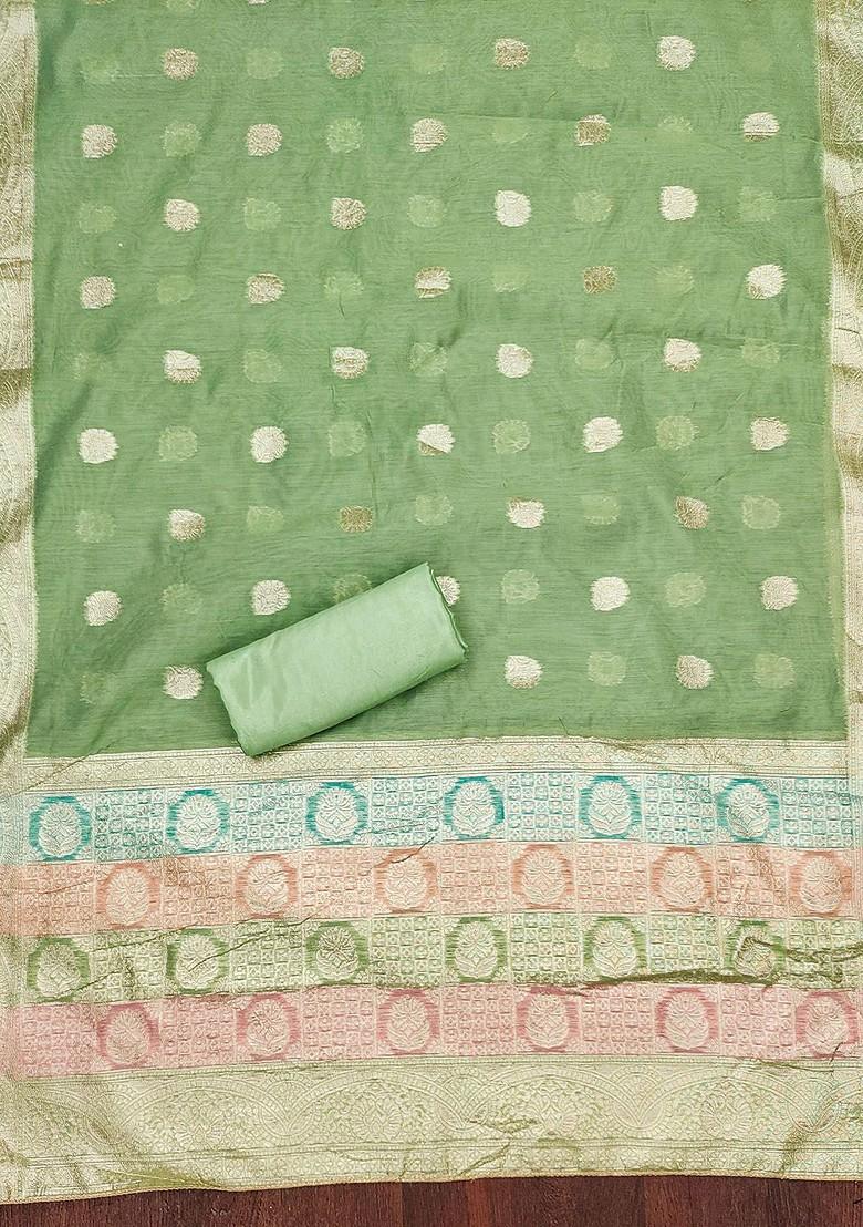 Green Floral Woven Design Poly Blend Kurta Set