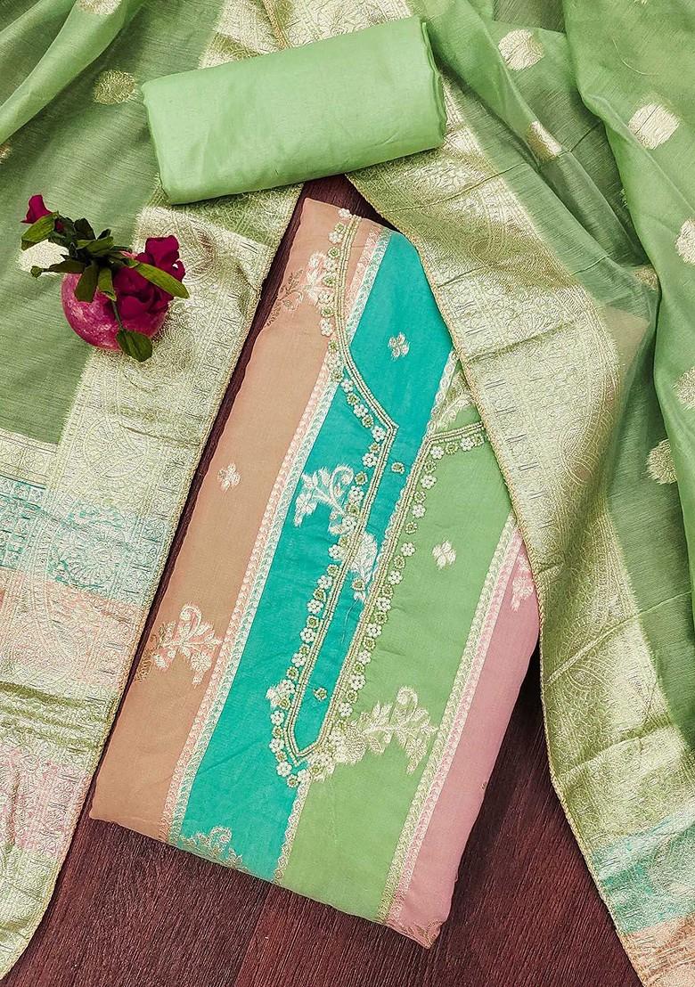 Green Floral Woven Design Poly Blend Kurta Set