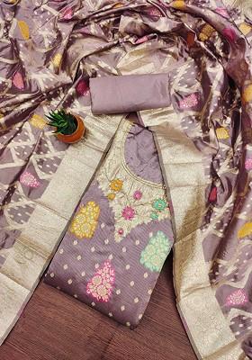 Lavender Floral Woven Design Poly Blend Kurta Set