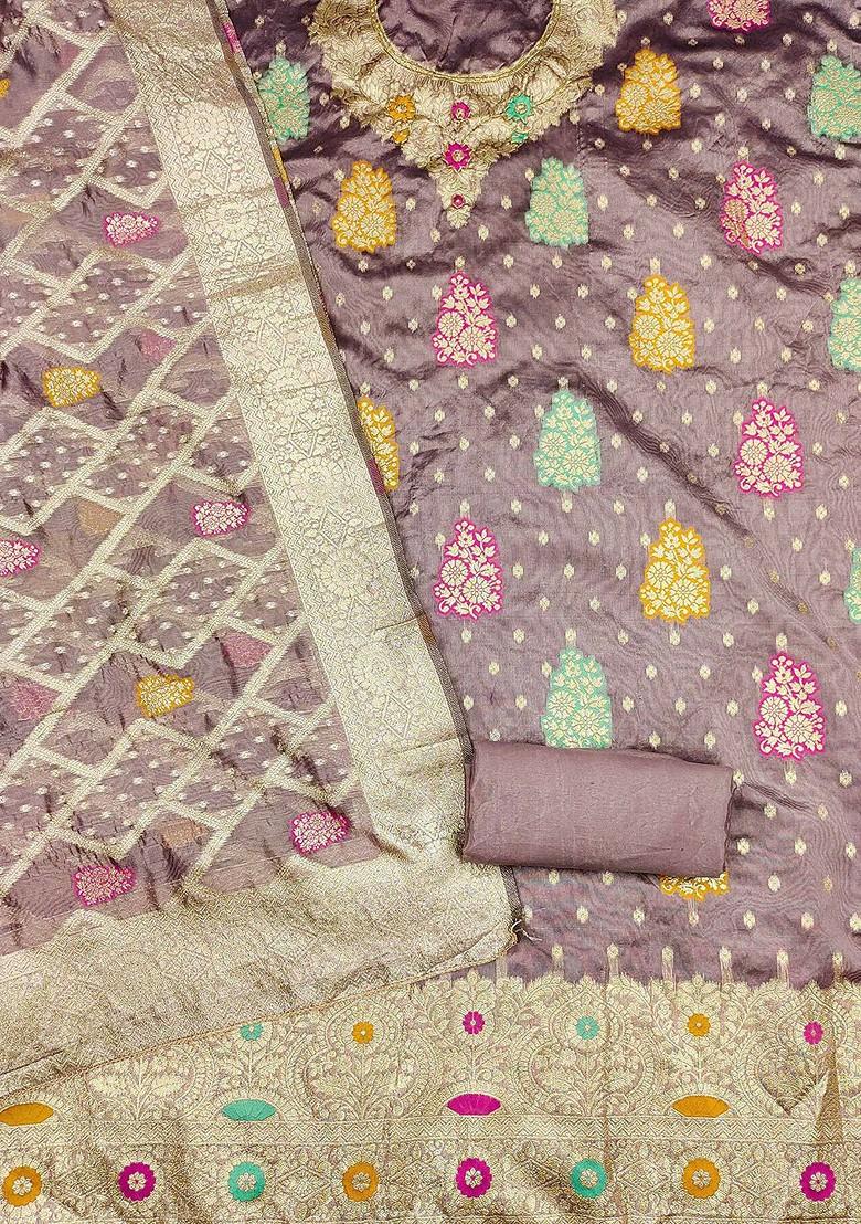 Lavender Floral Woven Design Poly Blend Kurta Set