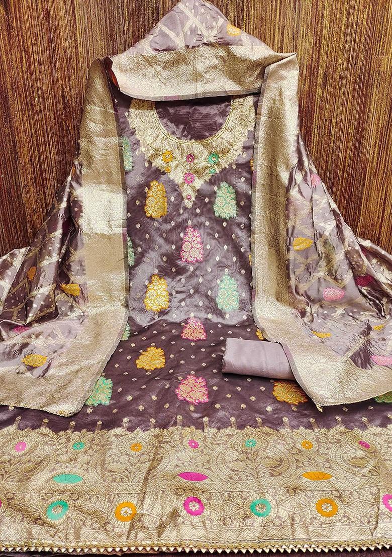 Lavender Floral Woven Design Poly Blend Kurta Set