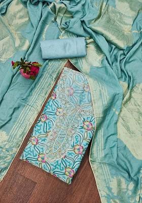 Teal Blue Floral Embroidered Organza Kurta Set