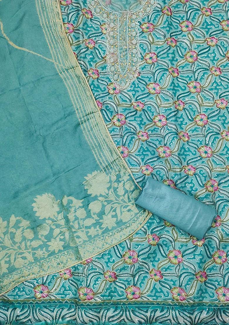 Teal Blue Floral Embroidered Organza Kurta Set