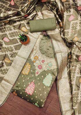 Green Floral Woven Design Poly Blend Kurta Set