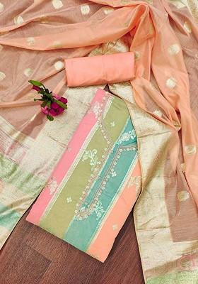 Peach Floral Woven Design Poly Blend Kurta Set