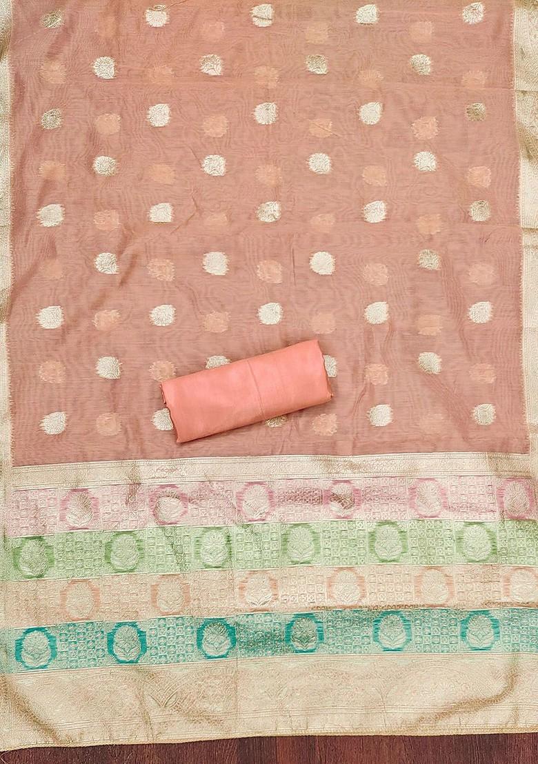 Peach Floral Woven Design Poly Blend Kurta Set