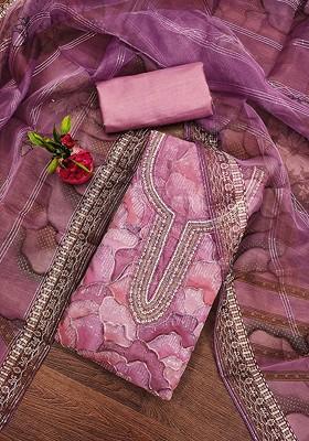 Lavender Floral Embroidered Organza Kurta Set
