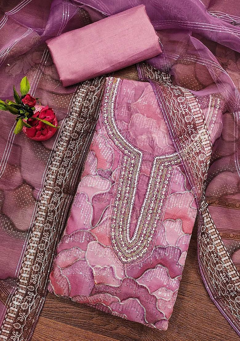 Lavender Floral Embroidered Organza Kurta Set