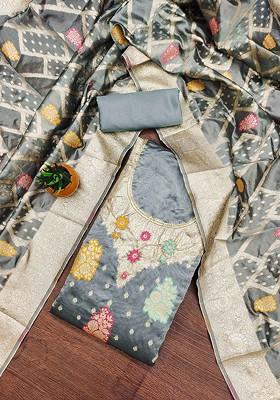 Grey Floral Woven Design Poly Blend Kurta Set