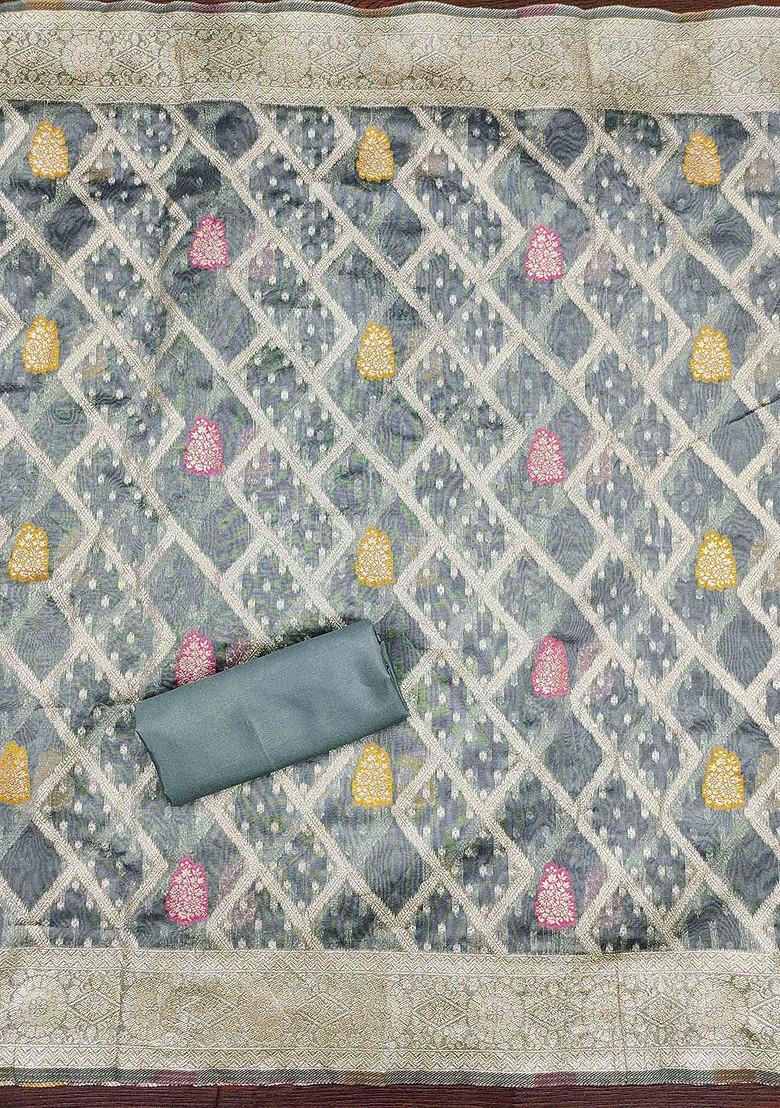 Grey Floral Woven Design Poly Blend Kurta Set