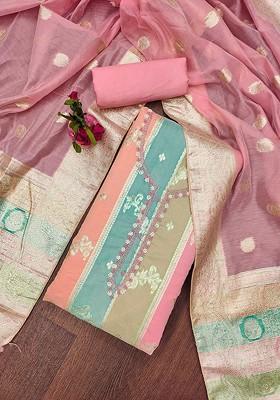 Pink Floral Woven Design Poly Blend Kurta Set