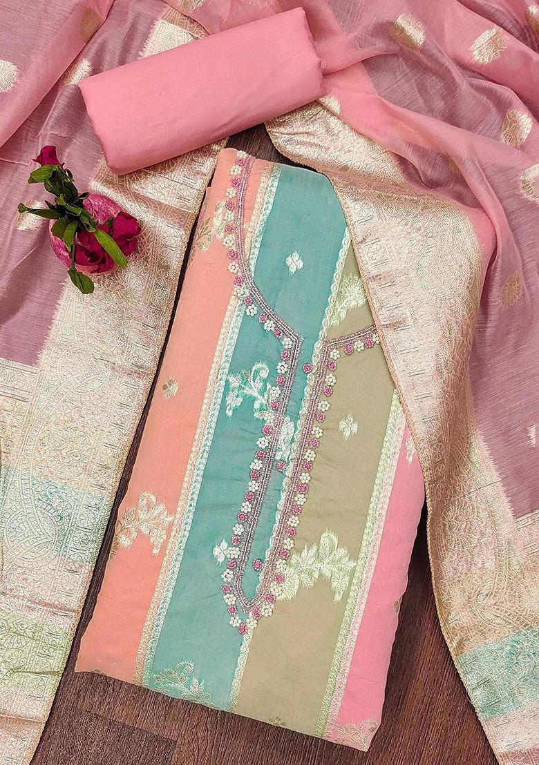 Pink Floral Woven Design Poly Blend Kurta Set