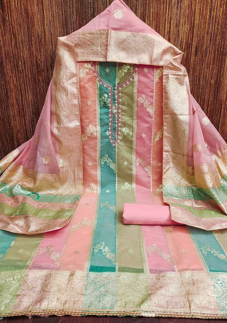 Pink Floral Woven Design Poly Blend Kurta Set