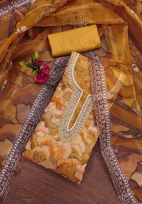 Mustard Yellow Floral Embroidered Organza Kurta Set