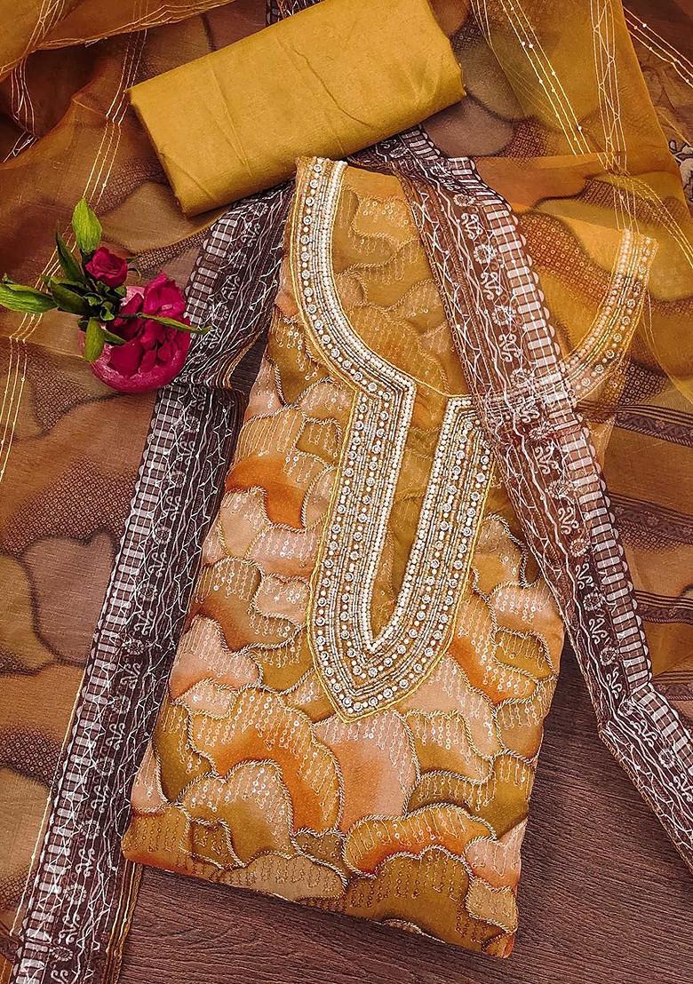 Mustard Yellow Floral Embroidered Organza Kurta Set