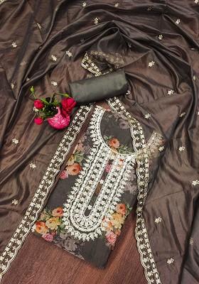 Grey Floral Embellished Organza Kurta Set