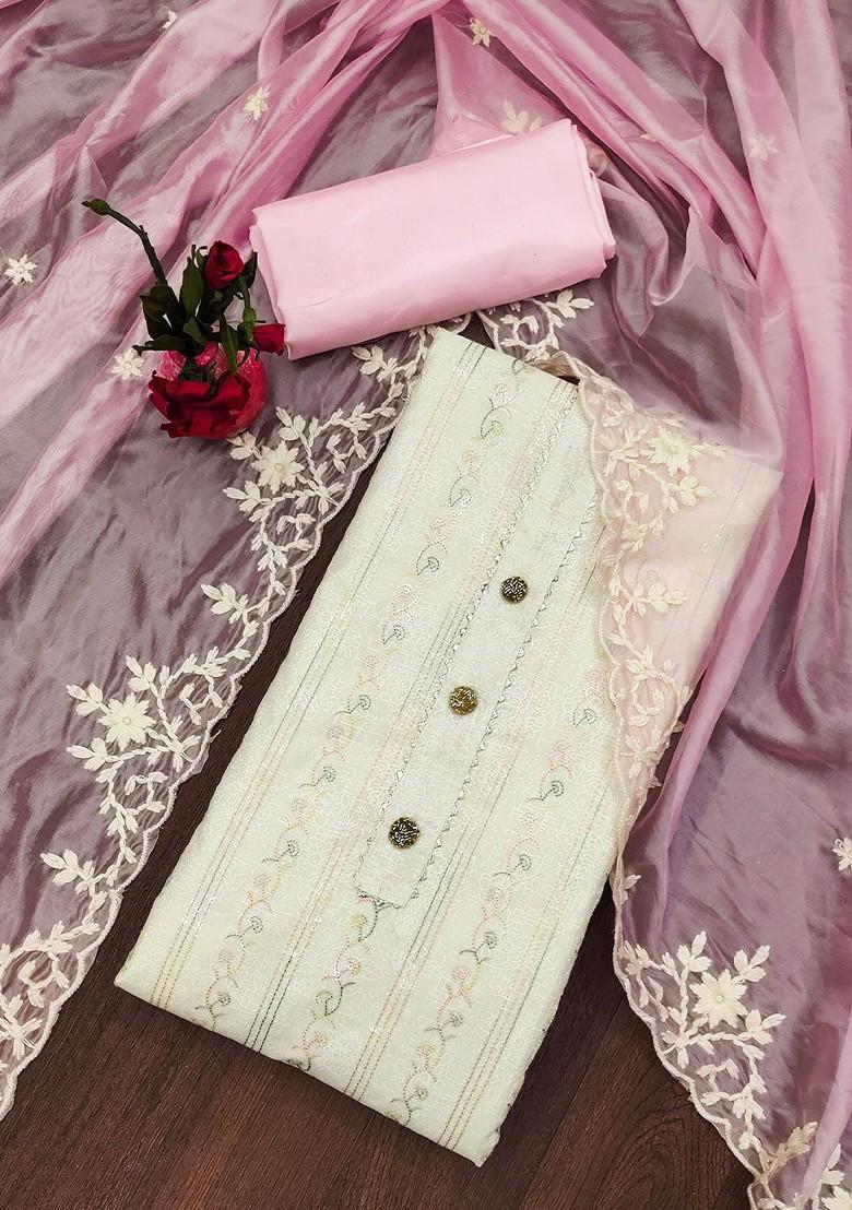 Off White Embroidered Poly Blend Kurta Set