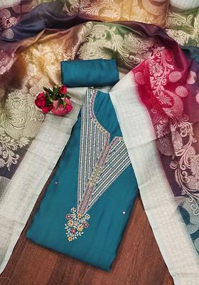 Teal Blue Embroidered Poly Blend Kurta Set