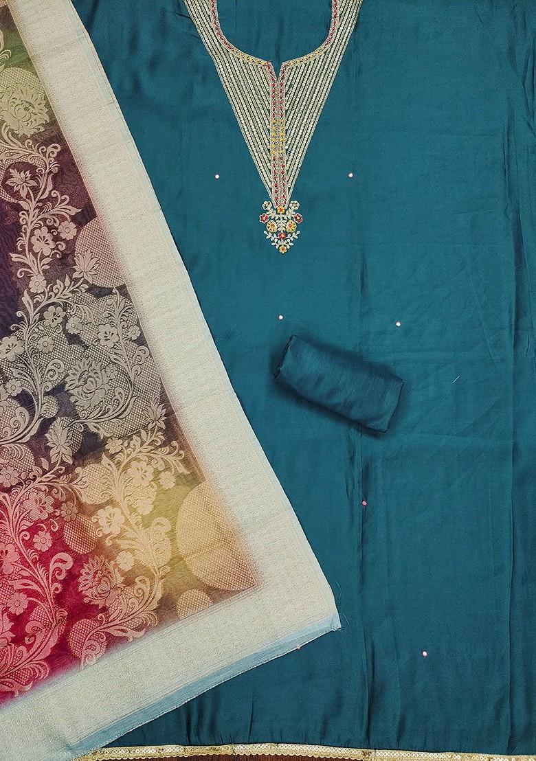 Teal Blue Embroidered Poly Blend Kurta Set
