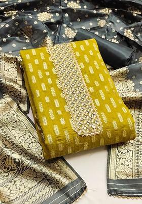 Lime Green Floral Woven Design Poly Blend Kurta Set