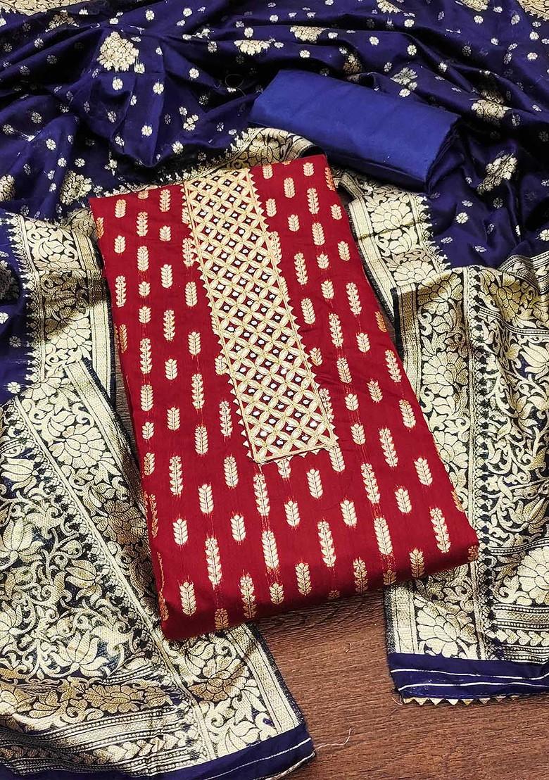 Maroon Floral Woven Design Poly Blend Kurta Set