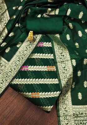 Green Ethnic Motifs Woven Poly Blend Kurta Set