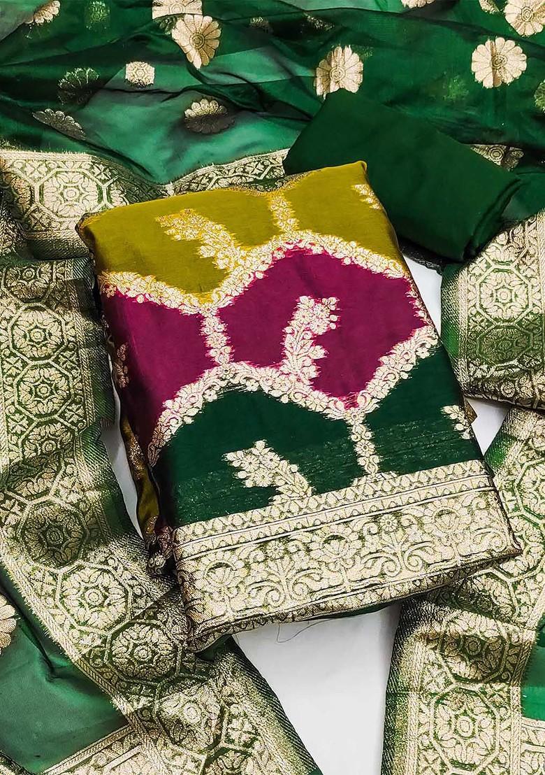 Green Floral Woven Design Organza Silk Kurta Set