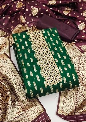 Olive Green Floral Woven Design Poly Blend Kurta Set