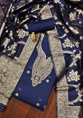 Navy Blue Floral Woven Design Poly Blend Kurta Set