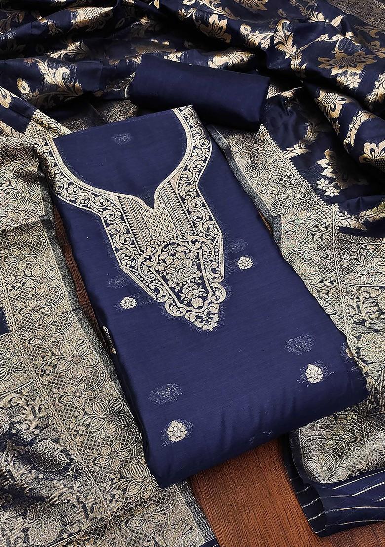 Navy Blue Floral Woven Design Poly Blend Kurta Set