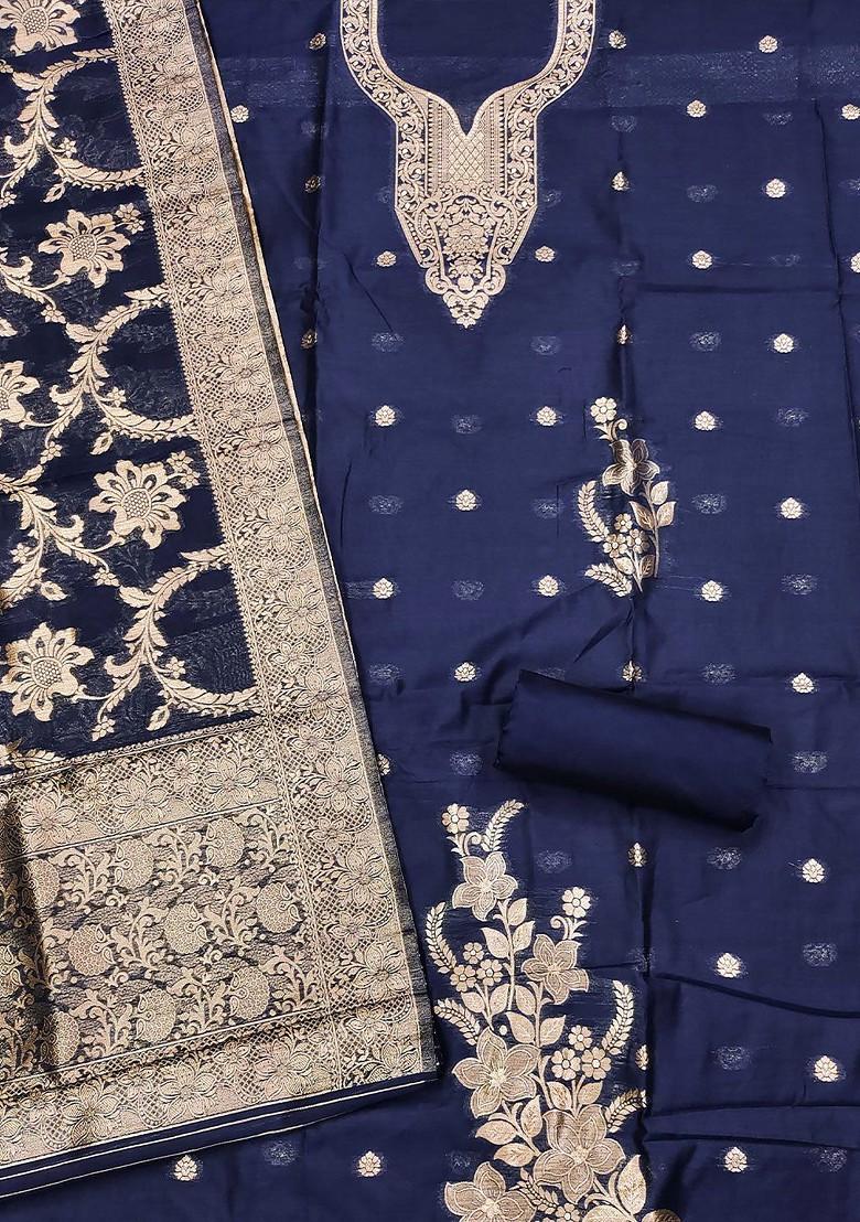 Navy Blue Floral Woven Design Poly Blend Kurta Set