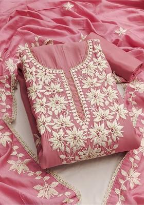 Pink Floral Woven Design Poly Blend Kurta Set