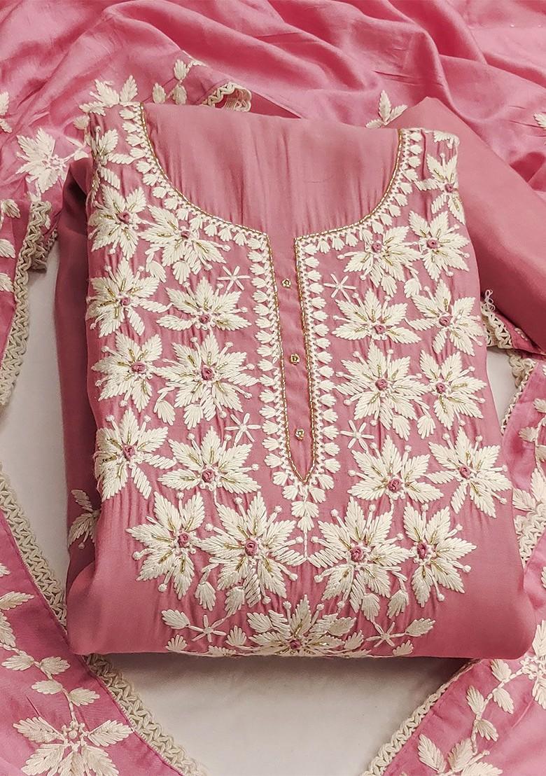 Pink Floral Woven Design Poly Blend Kurta Set